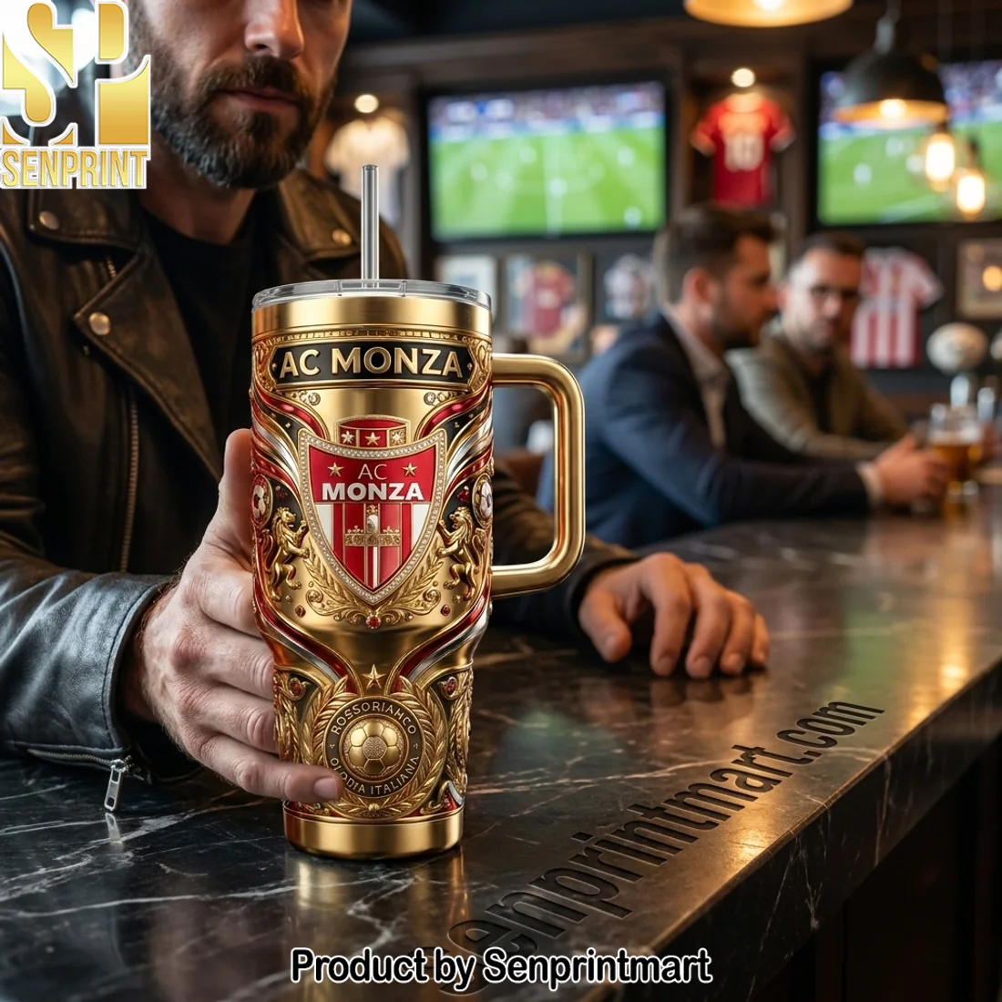 AC Monza Luxury Ornate Gold Red 40oz Tumbler With Handle