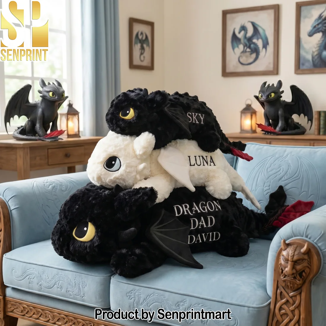 Personalized Dragon Dad Toothless & Light Fury Plush Pillow Personalized Dragon Dad Toothless & Light Fury Plush Pillow