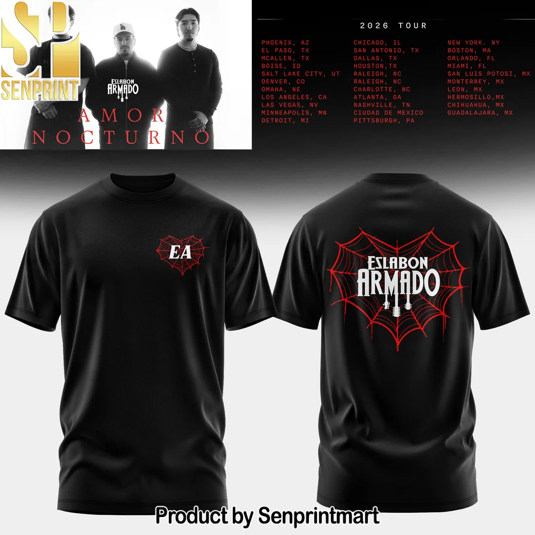 Eslabon Armado Amor Nocturno 2026 Tour Red Spiderweb Heart Streetwear Graphic T-Shirt