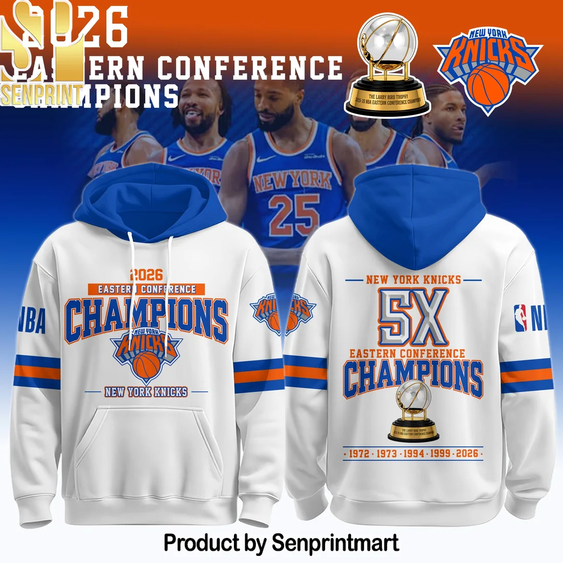 New York Knicks 2026 Eastern Conference Champions 5X Commemorative Graphic Basketball Pullover Hoodie New York Knicks 2026 Eastern Conference Champions 5X Commemorative Graphic Basketball Pullover Hoodie