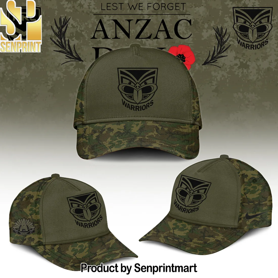 New Zealand Warriors NRL ANZAC Day Commemorative Military Camo Baseball Cap New Zealand Warriors NRL ANZAC Day Commemorative Military Camo Baseball Cap