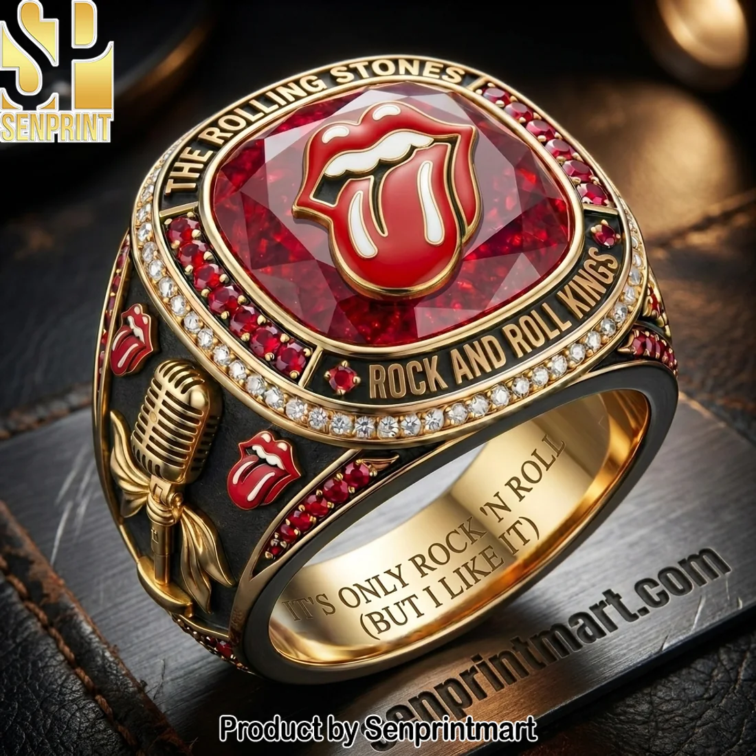 The Rolling Stones Rock and Roll Kings Classic Tongue Logo Gold and Ruby Red Championship Style Commemorative Ring