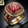 The Rolling Stones Rock and Roll Kings Classic Tongue Logo Gold and Ruby Red Championship Style Commemorative Ring