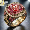 The Rolling Stones Rock and Roll Kings Classic Tongue Logo Gold and Ruby Red Championship Style Commemorative Ring