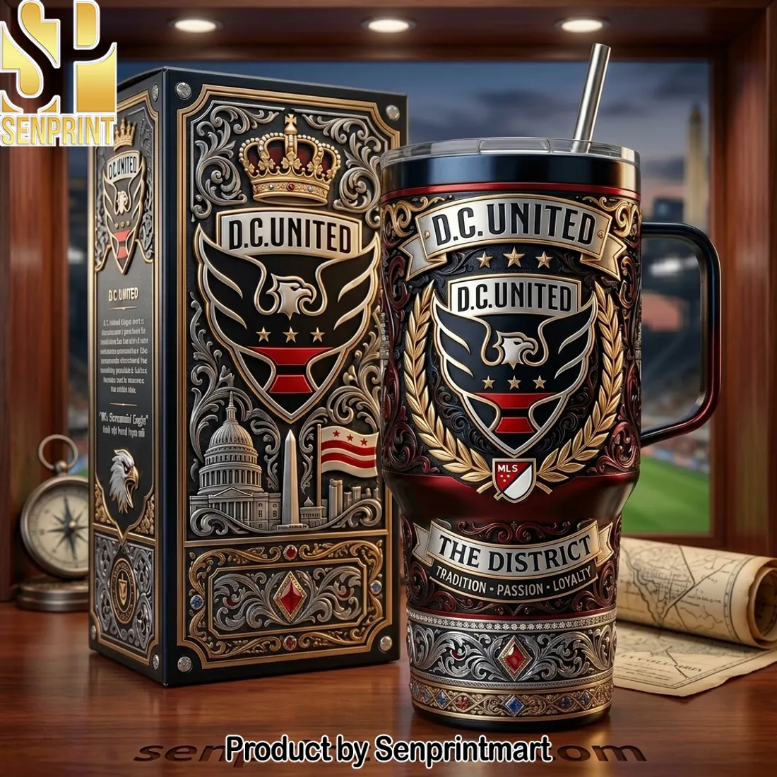 D.C. United The District Premium 3D Embossed Stainless Steel 40oz Tumbler with Handle