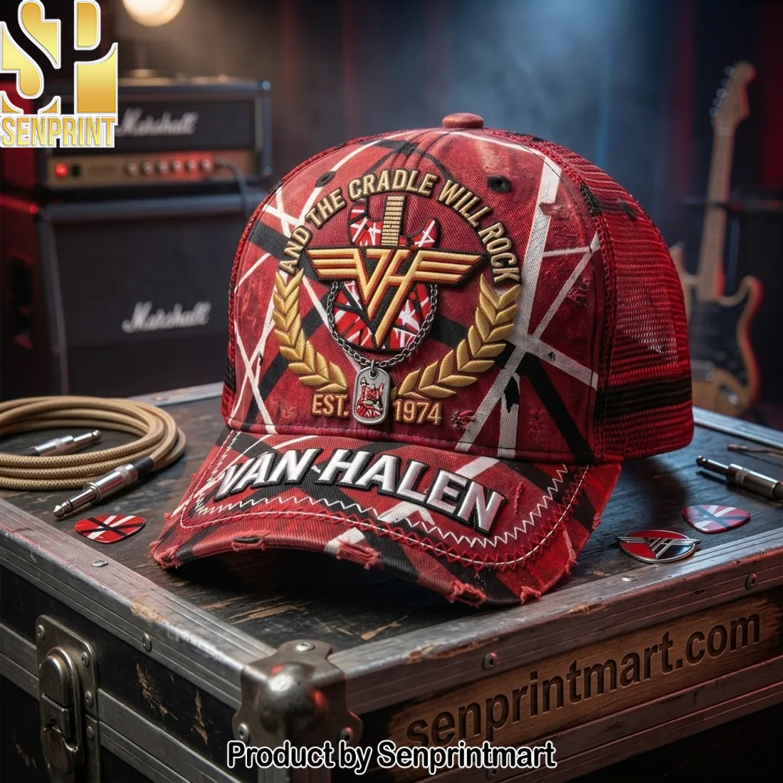 Van Halen And The Cradle Will Rock Distressed Trucker Hat