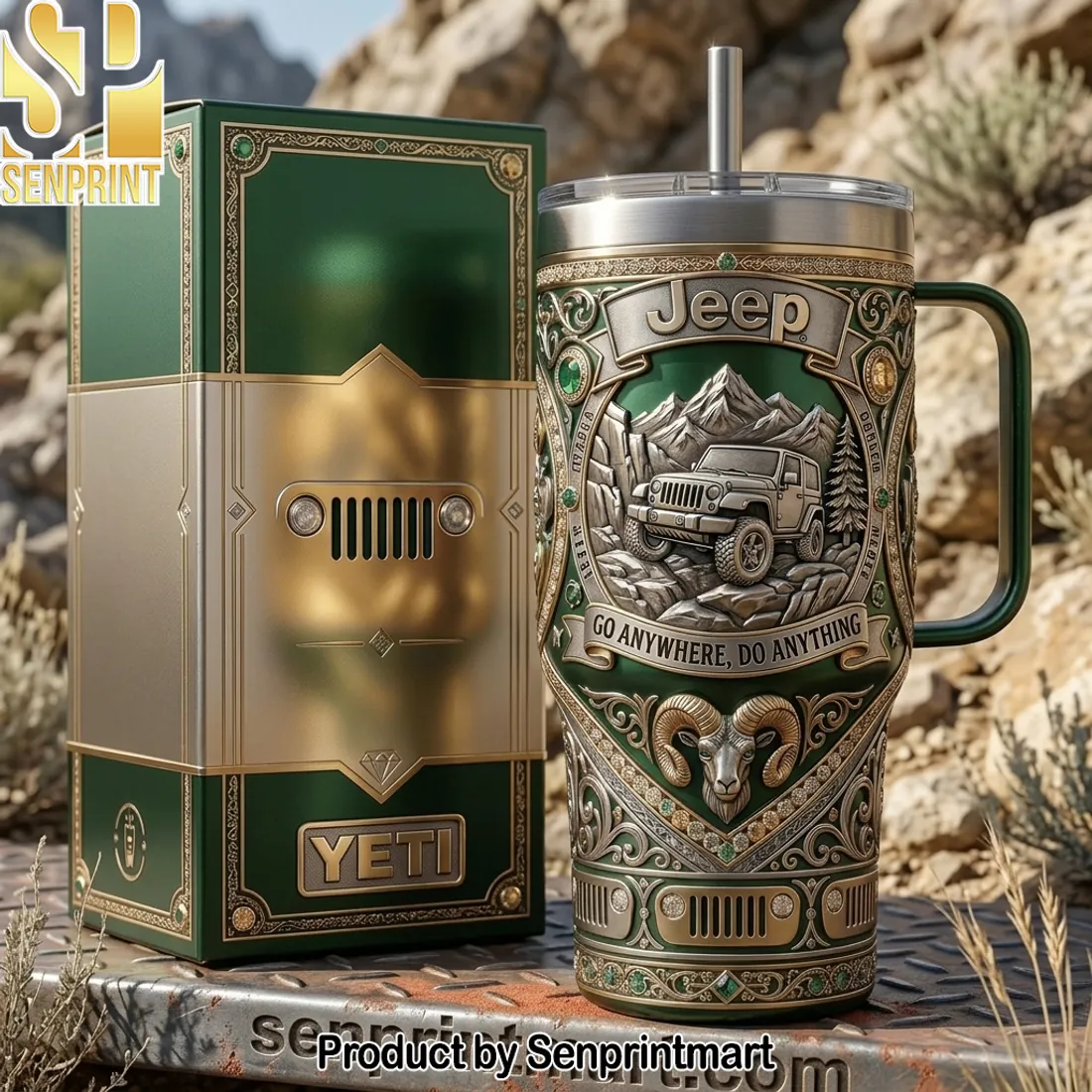 Jeep Go Anywhere Do Anything Premium 3D Embossed Green Gold 40oz Tumbler With Handle