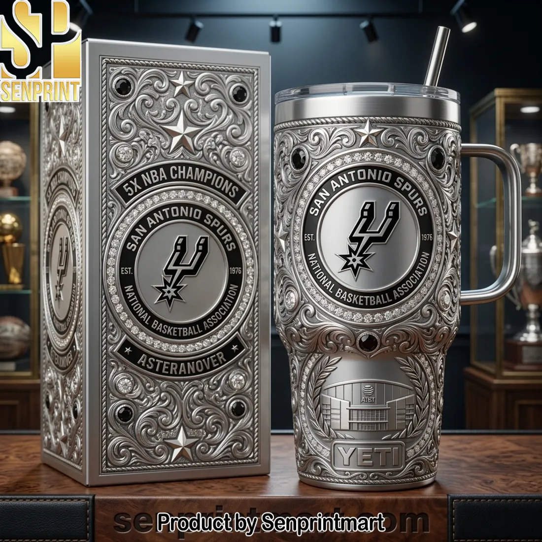 San Antonio Spurs 5X NBA Champions Luxury 3D Engraved Silver Tumbler