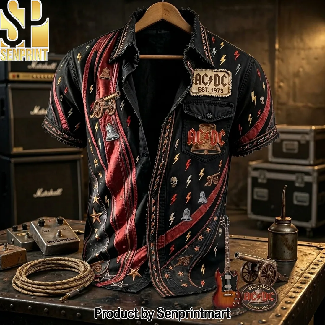 AC/DC Est 1973 Vintage Rock Band Distressed Lightning Bolt Hawaiian Shirt
