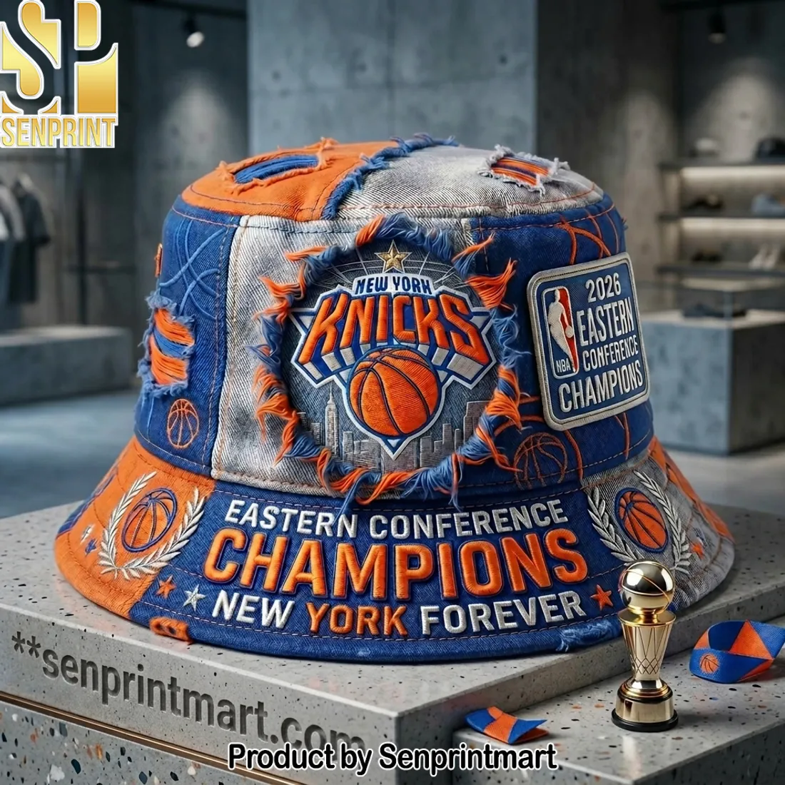 New York Knicks 2026 Eastern Conference Champions Distressed Denim Bucket Hat