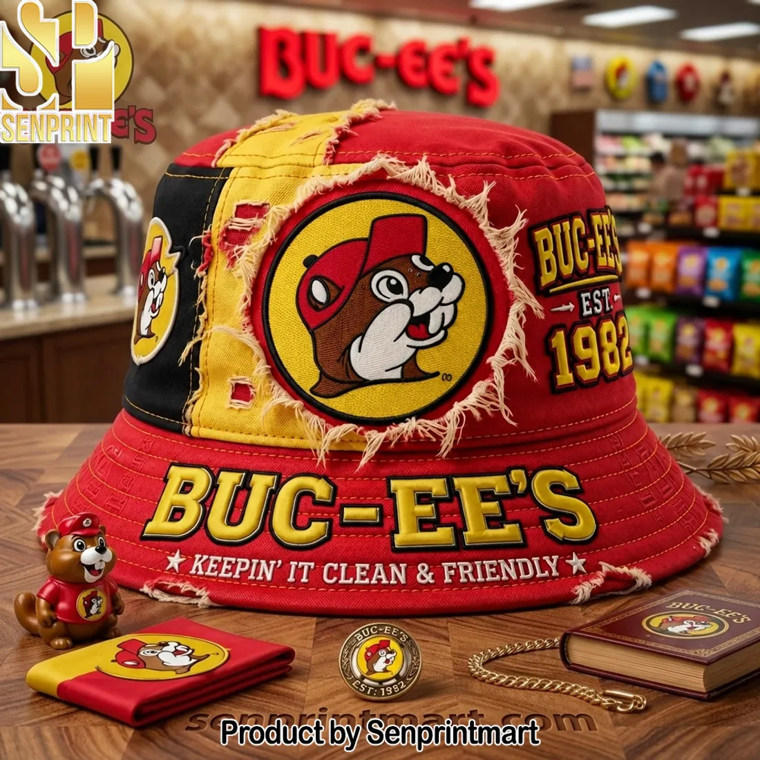 Buc-ee’s Est 1982 Distressed Patchwork Embroidered Bucket Hat