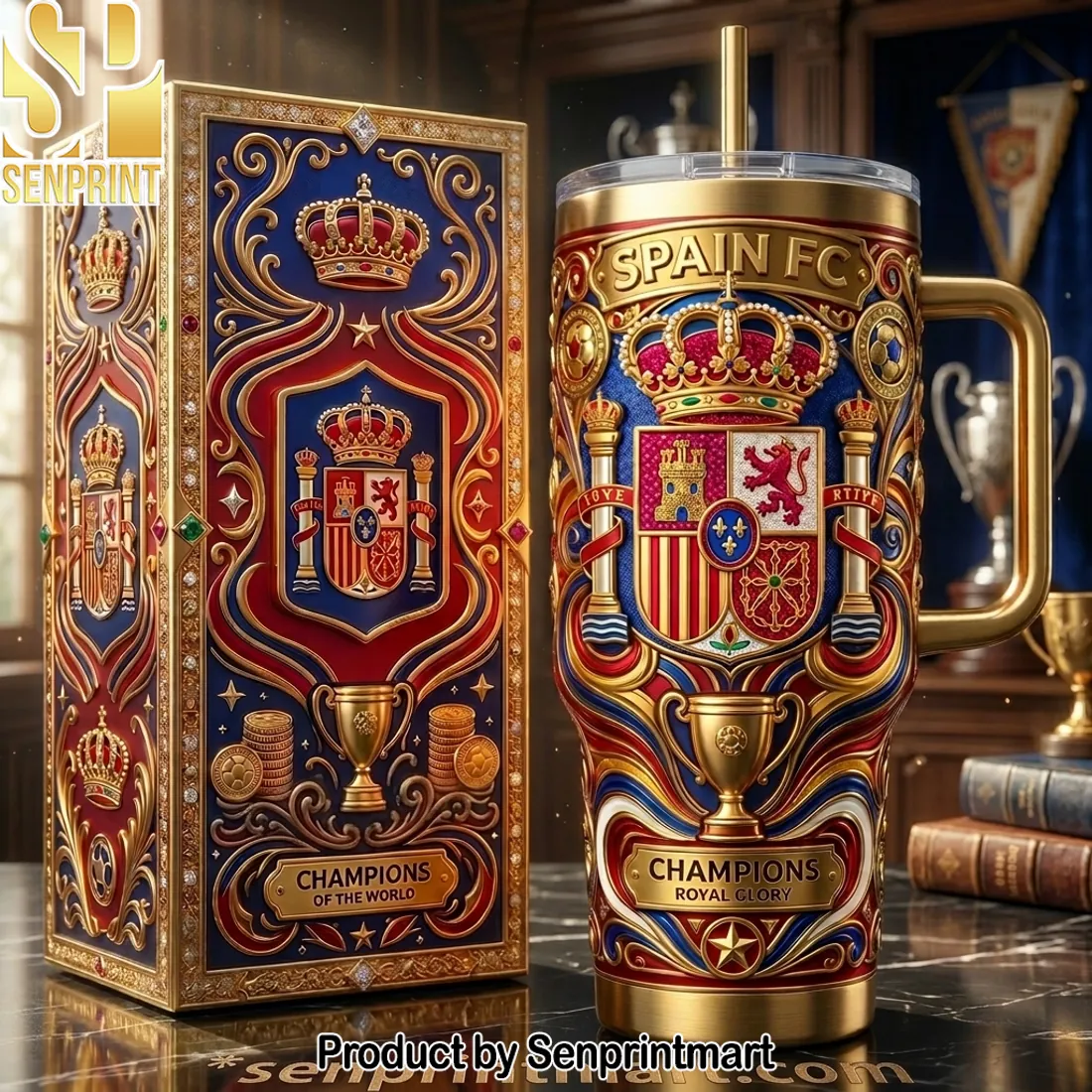 Spain FC Champions Royal Glory Premium 3D Gold 40oz Tumbler with Handle