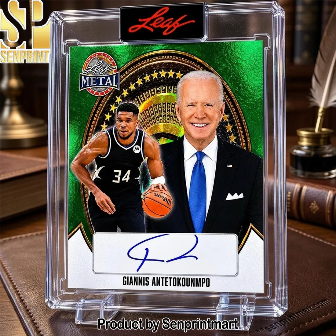 Giannis Antetokounmpo Joe Biden Leaf Metal Presidential Green Trading Card
