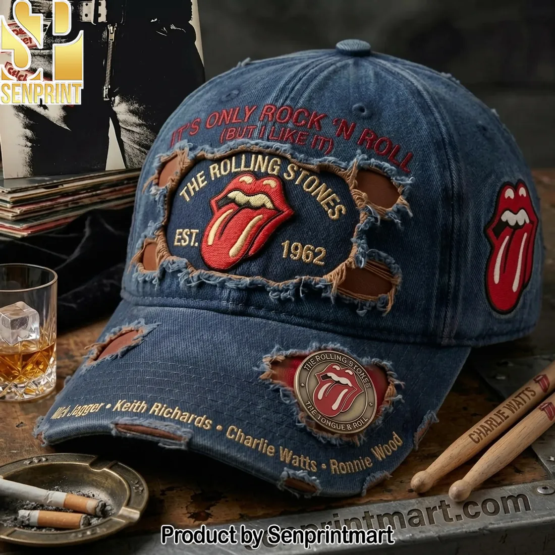 The Rolling Stones It’s Only Rock N Roll Distressed Denim Baseball Cap