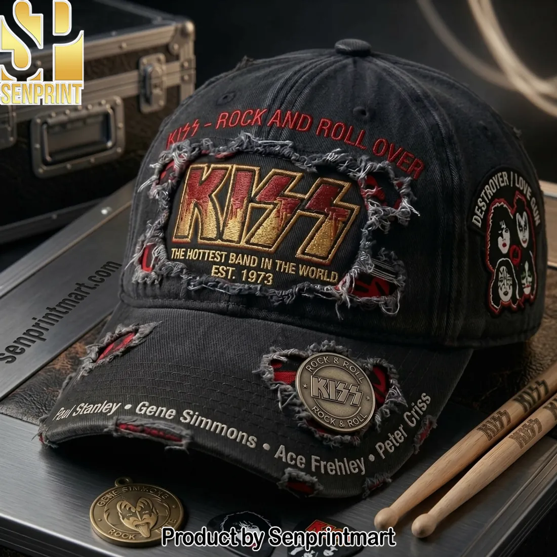 KISS Rock and Roll Over Distressed Embroidered Baseball Cap