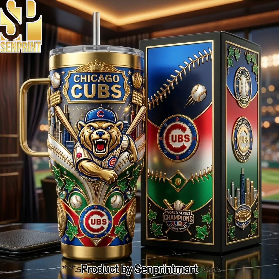 Chicago Cubs World Series Champions Premium Gold 3D Embossed 40oz Tumbler with Handle