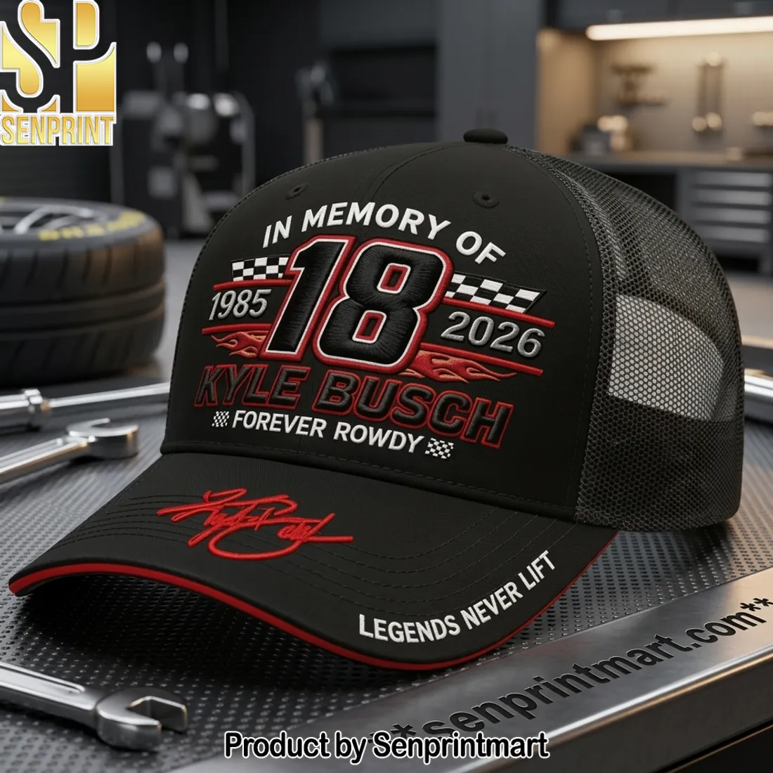 Kyle Busch 18 Forever Rowdy In Memory Of 1985-2026 Commemorative Trucker Hat