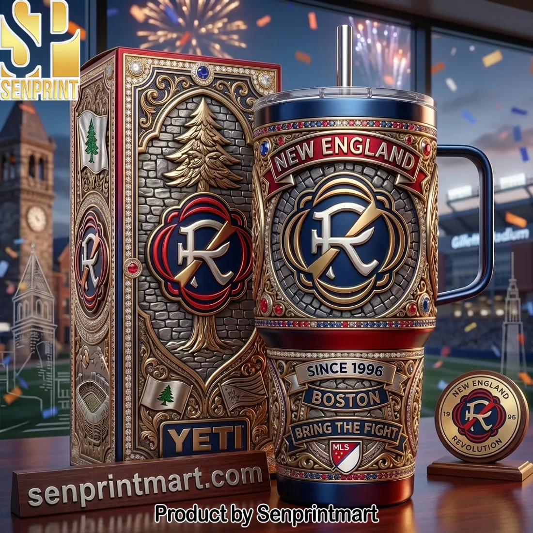 New England Revolution MLS Boston 3D Embossed 40oz Tumbler With Handle