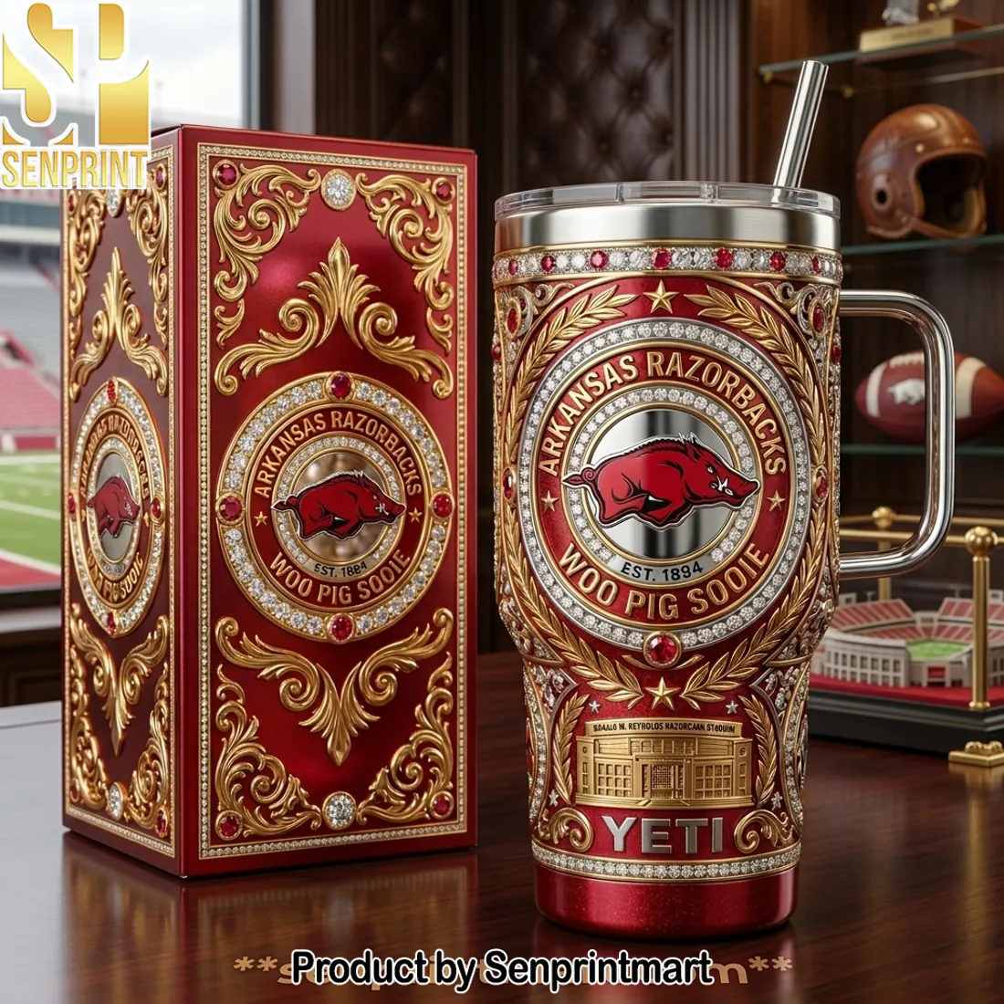 Arkansas Razorbacks Woo Pig Sooie Luxury Gold 40oz Tumbler with Lid and Straw