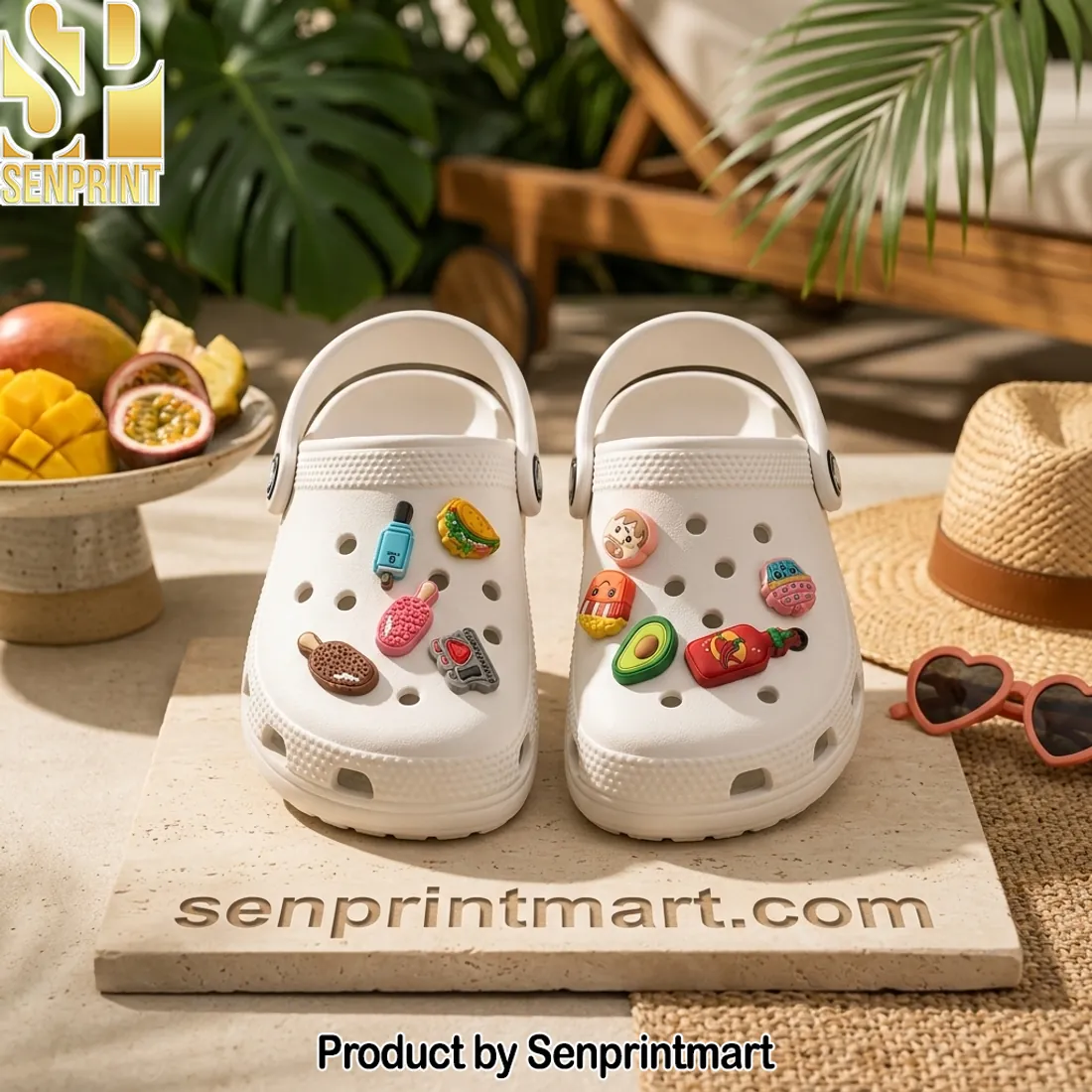 Cute Cartoon Food Charms White Summer Beach Slip On Clog Shoes