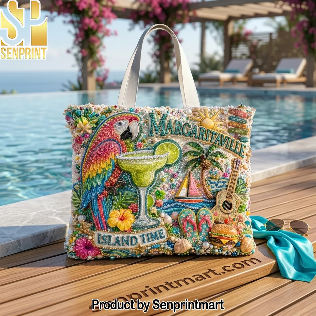 Margaritaville Island Time Tropical Beaded Summer Tote Bag