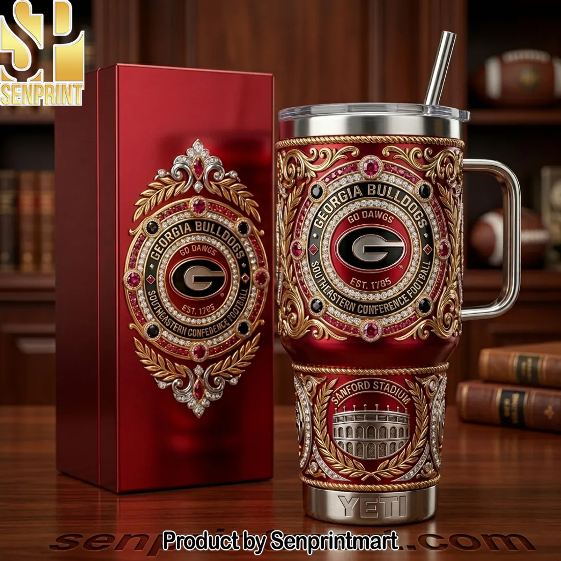 Georgia Bulldogs Sanford Stadium Luxury Gold Filigree 40oz Tumbler with Lid and Straw