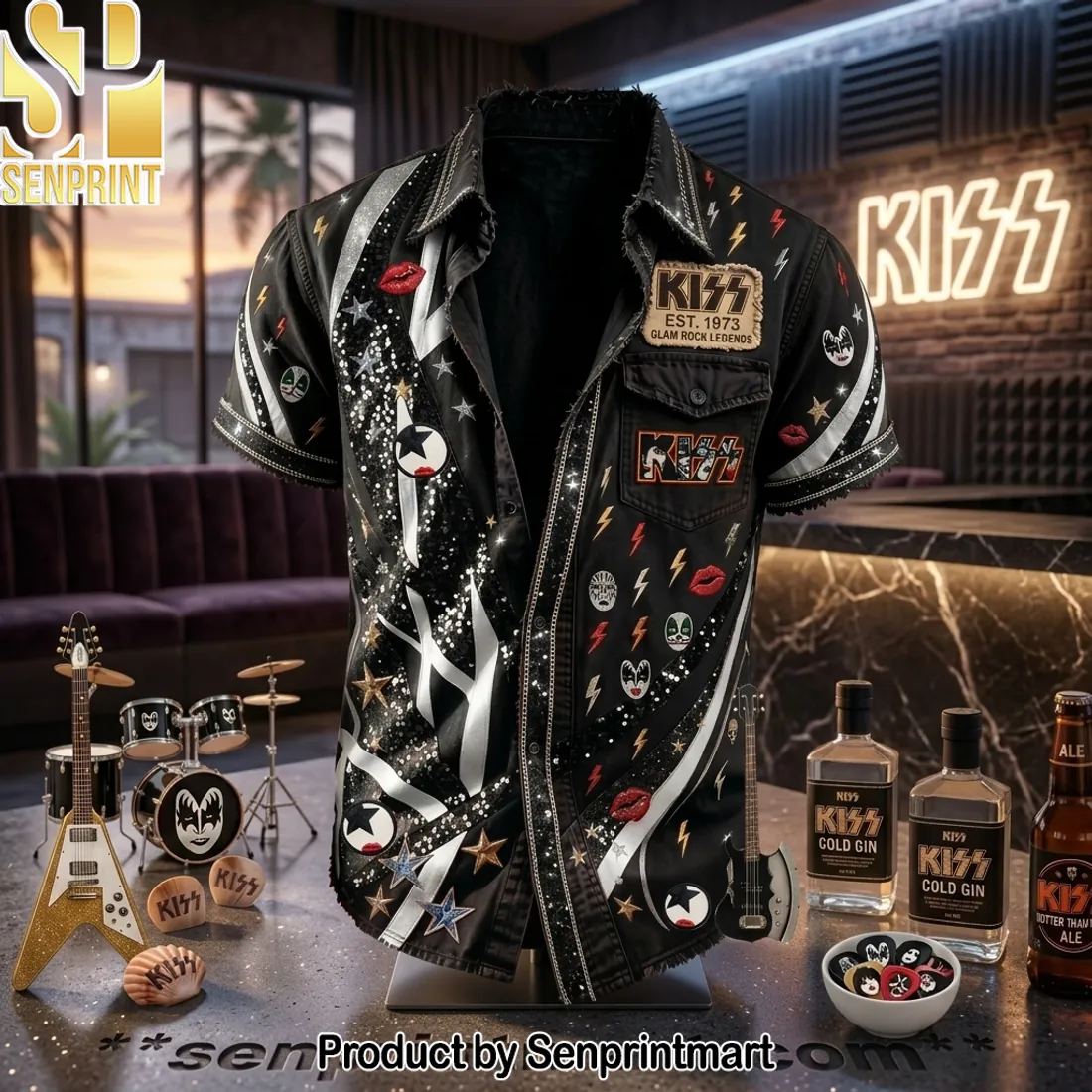 KISS Est 1973 Glam Rock Legends Premium Black Hawaiian Shirt