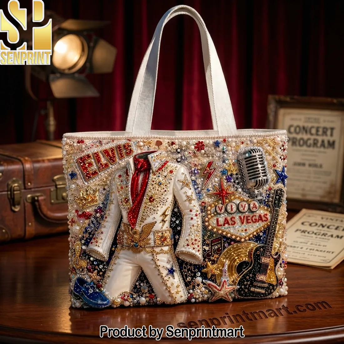 Elvis Viva Las Vegas Retro Jumpsuit Luxury Beaded Style Tote Bag