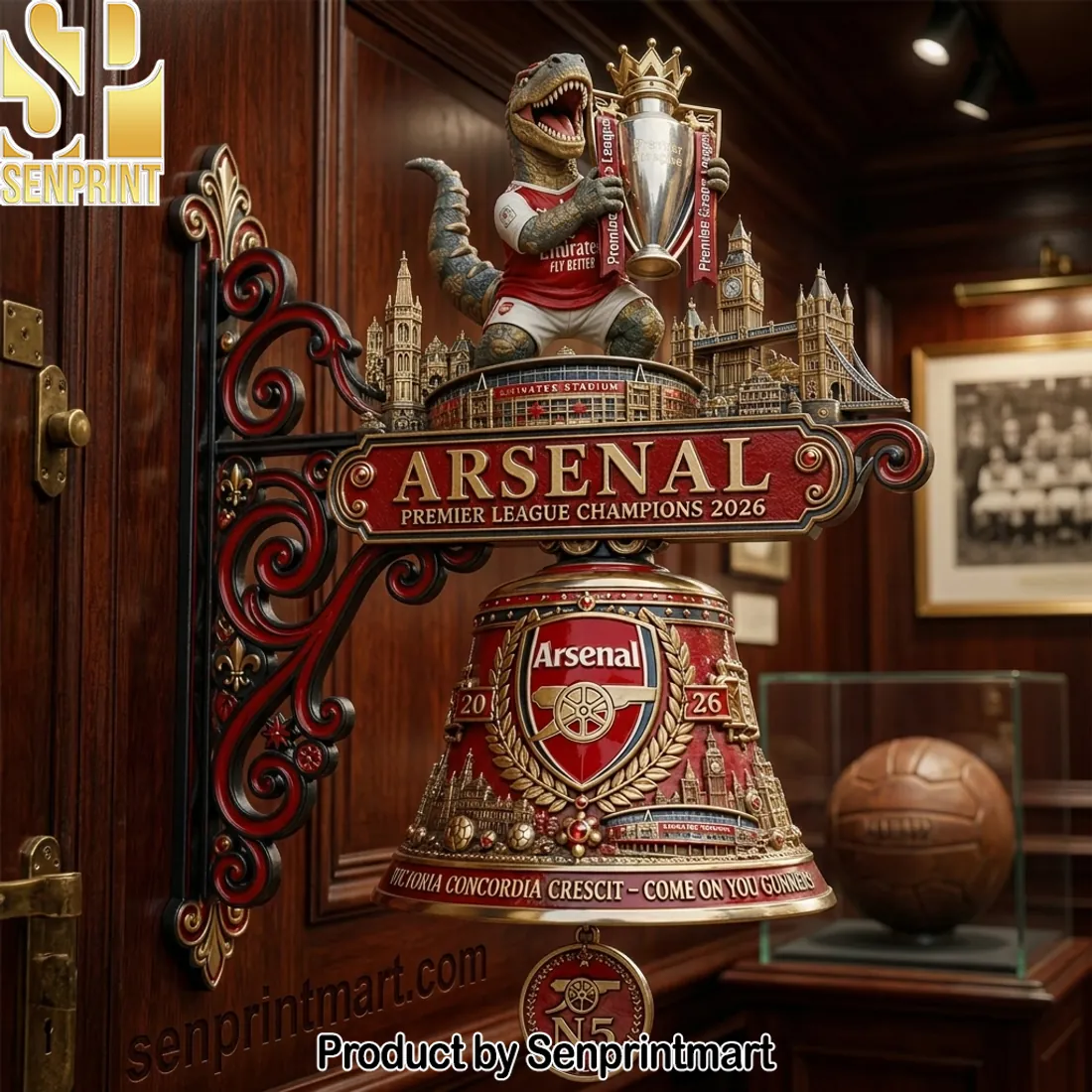 Arsenal FC Premier League Champions 2026 Gunnersaurus Ornate Hanging Wall Bell