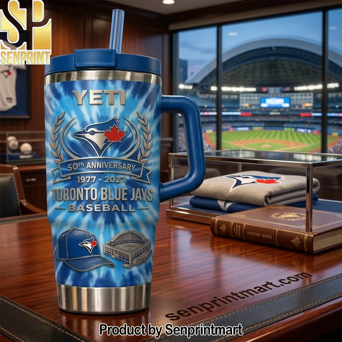 Toronto Blue Jays 50th Anniversary 1977-2027 Baseball Tie Dye 40oz Tumbler With Handle