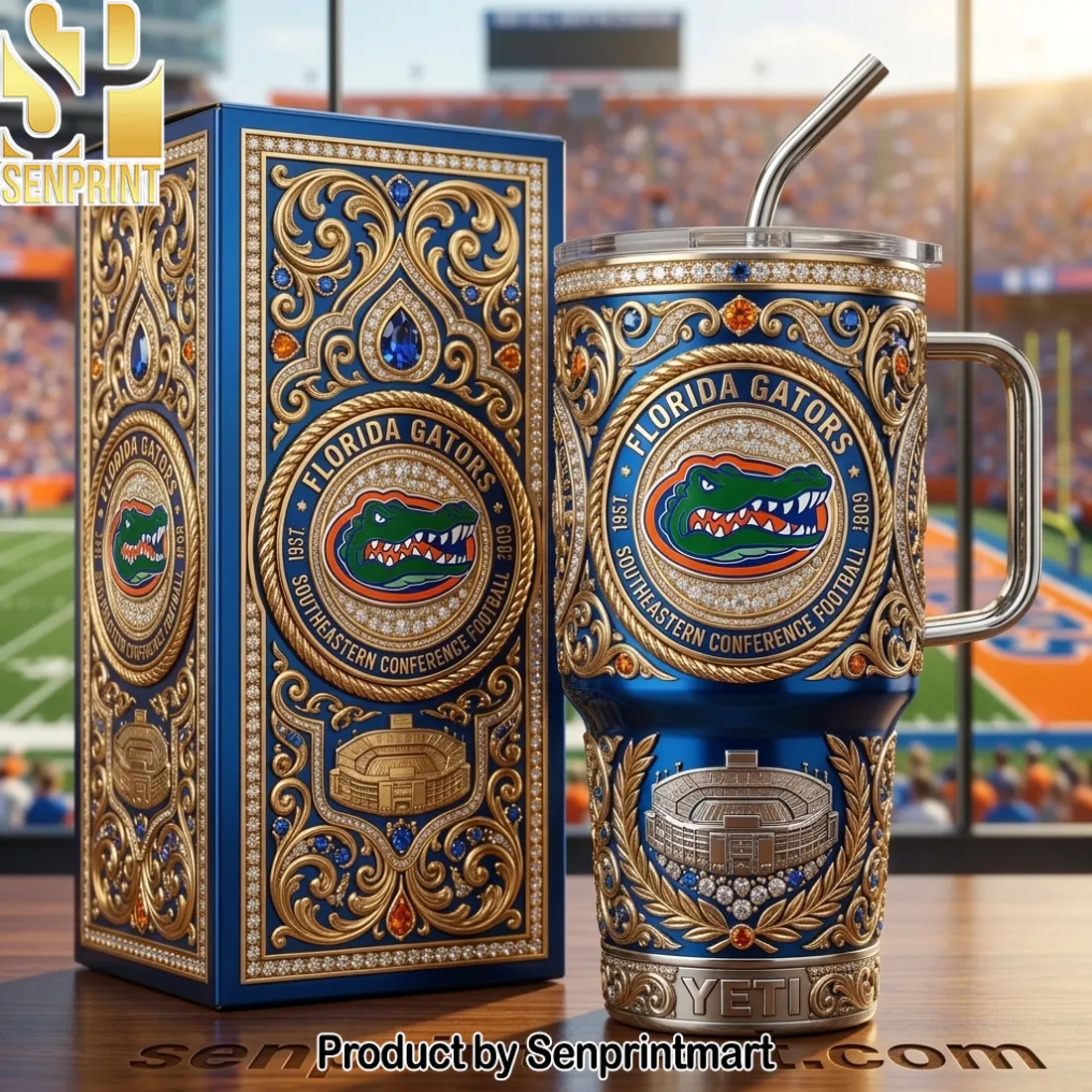 Florida Gators Southeastern Conference Football Luxury Gold Filigree 40oz Tumbler With Handle
