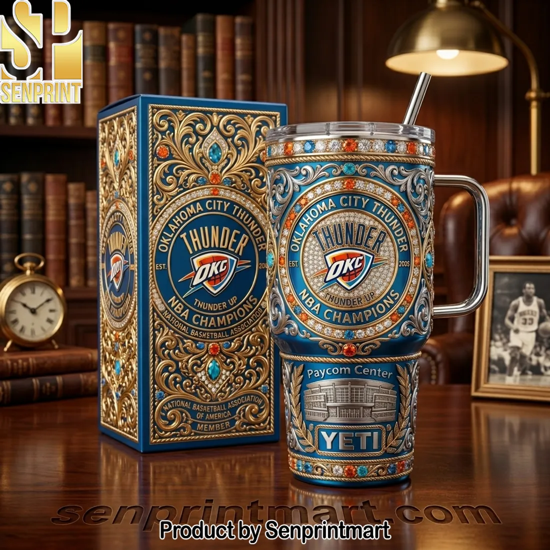 Oklahoma City Thunder NBA Champions Luxury Gold Filigree 40oz Tumbler with Lid and Straw