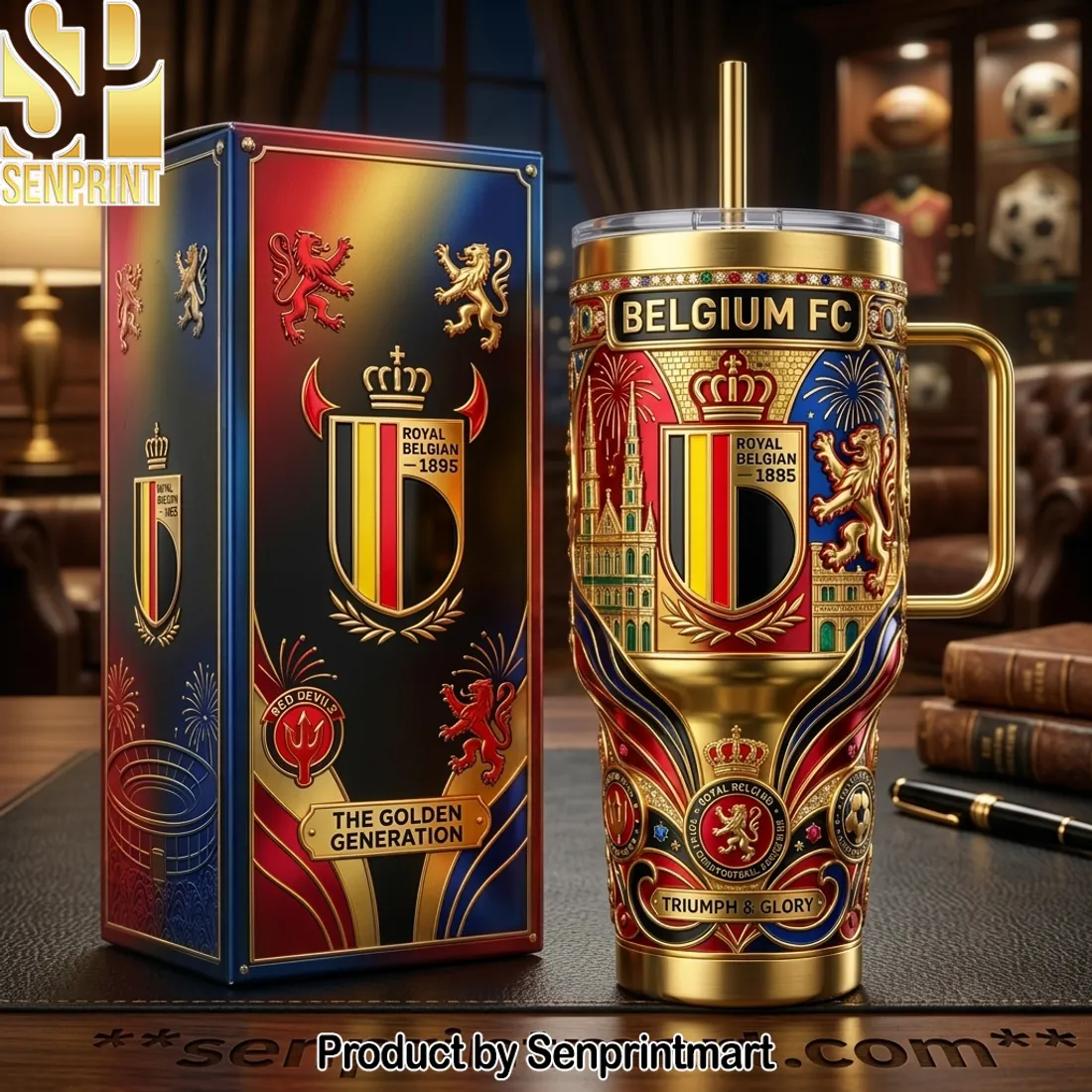 Belgium FC Royal Belgian 1895 Premium Gold 3D Embossed 40oz Tumbler With Handle