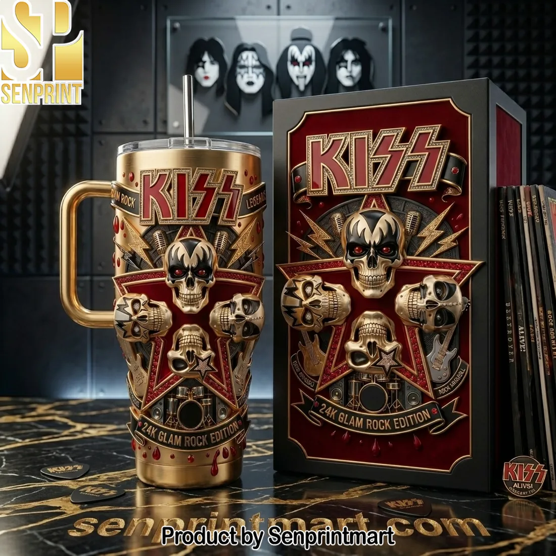 KISS Band 24K Glam Rock Edition Premium Gold 3D Skull Tumbler