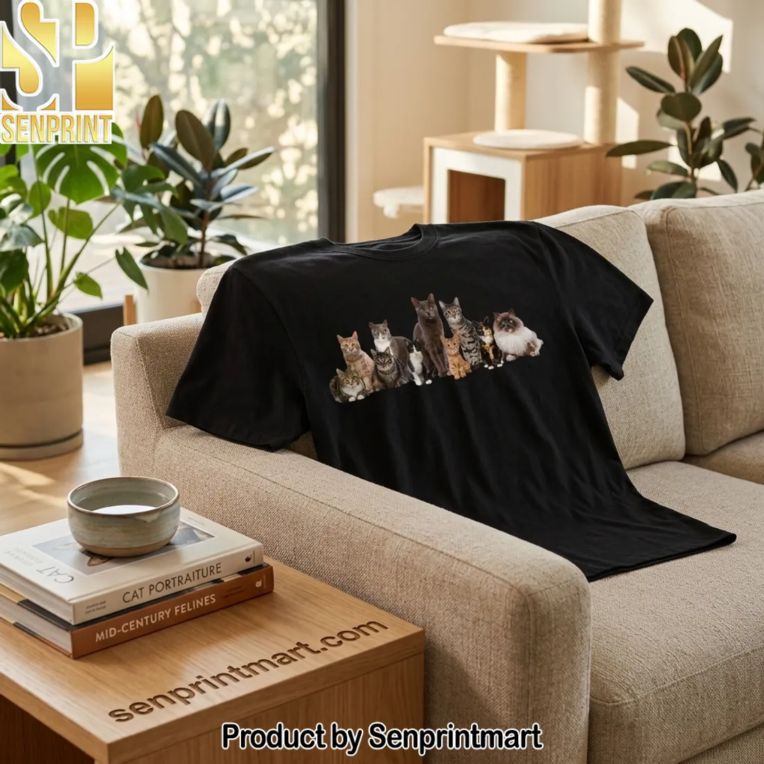 Realistic Group of Cats Graphic Print Black T-Shirt