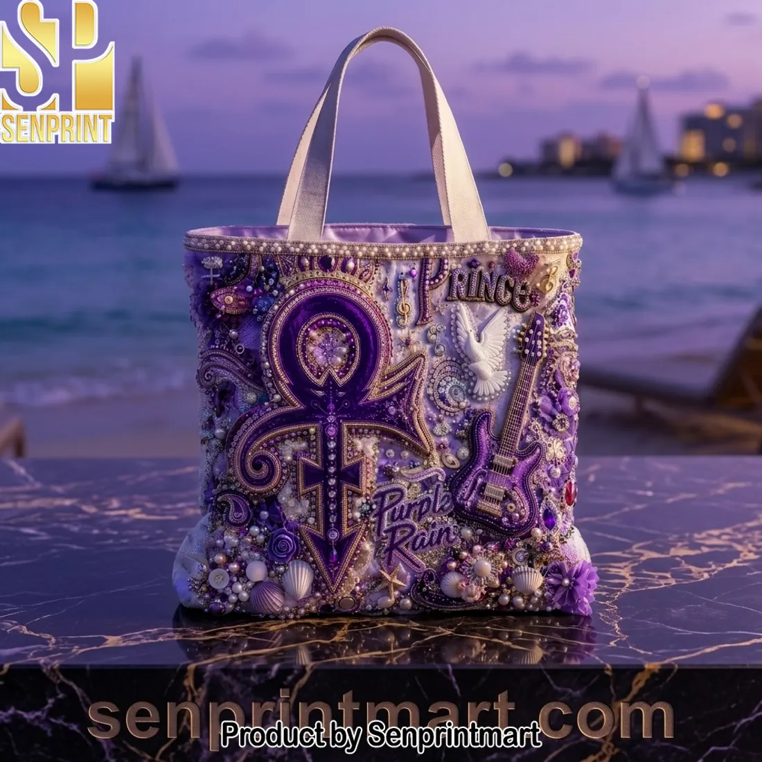 Prince Purple Rain Beaded Luxury Tote Bag
