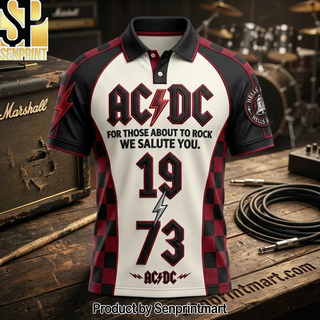 AC/DC 1973 For Those About To Rock Checkered Polo Shirt