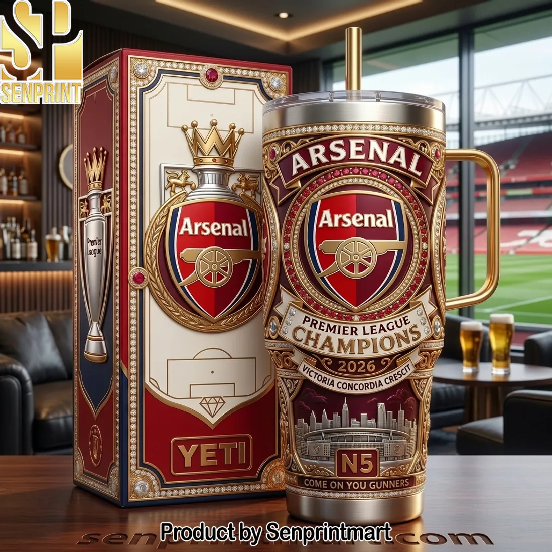Arsenal Premier League Champions 2026 Luxury Gold 40oz YETI Tumbler with Handle