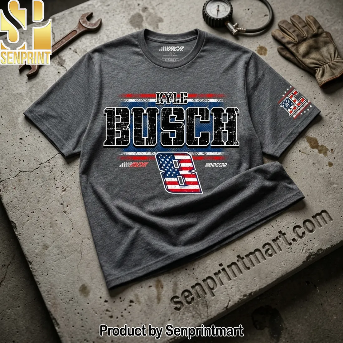 Kyle Busch NASCAR Number 8 American Flag Distressed T-Shirt