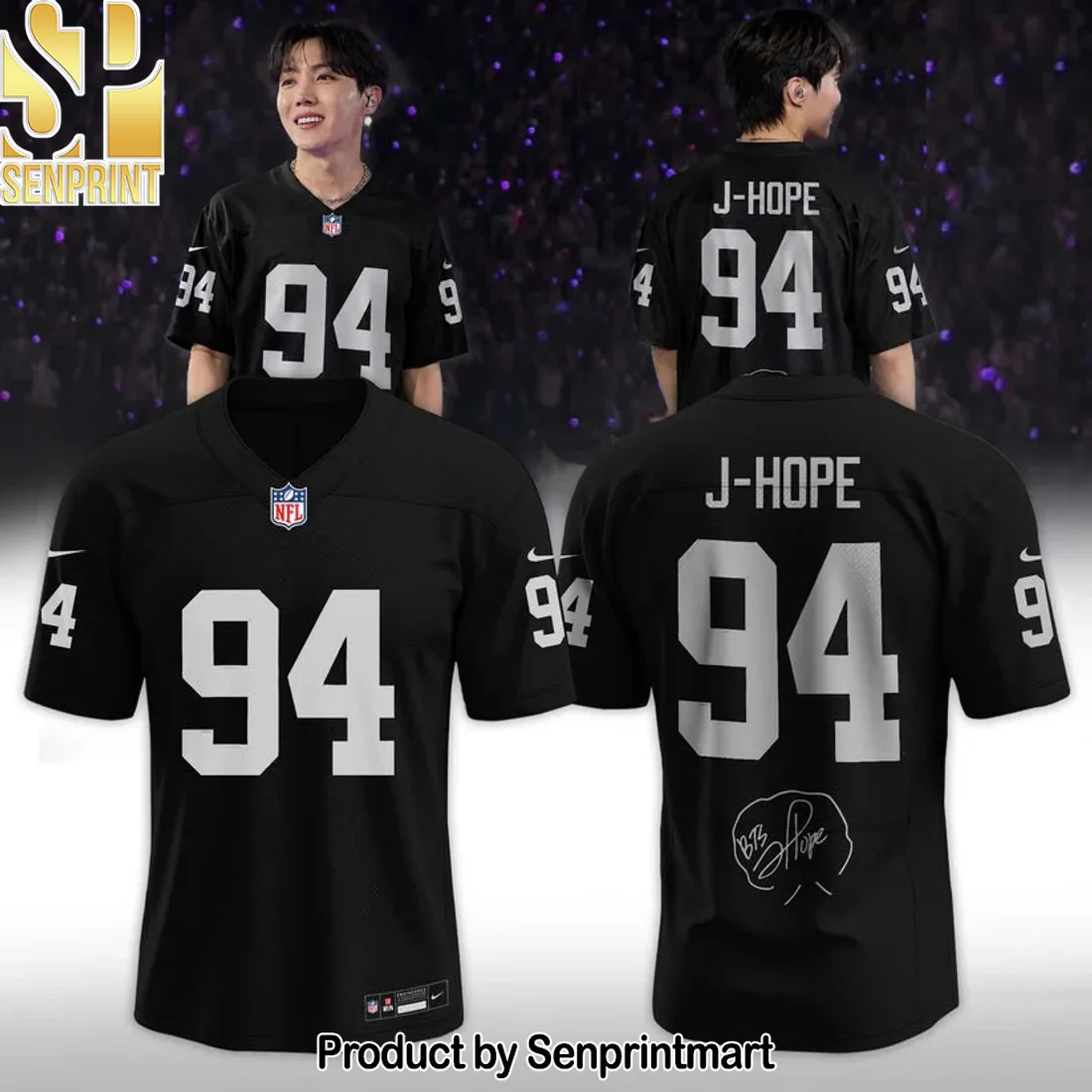 BTS J-Hope 94 Las Vegas 2026 Limited Edition Commemorative Black Signature Football Jersey BTS J-Hope 94 Las Vegas 2026 Limited Edition Commemorative Black Signature Football Jersey