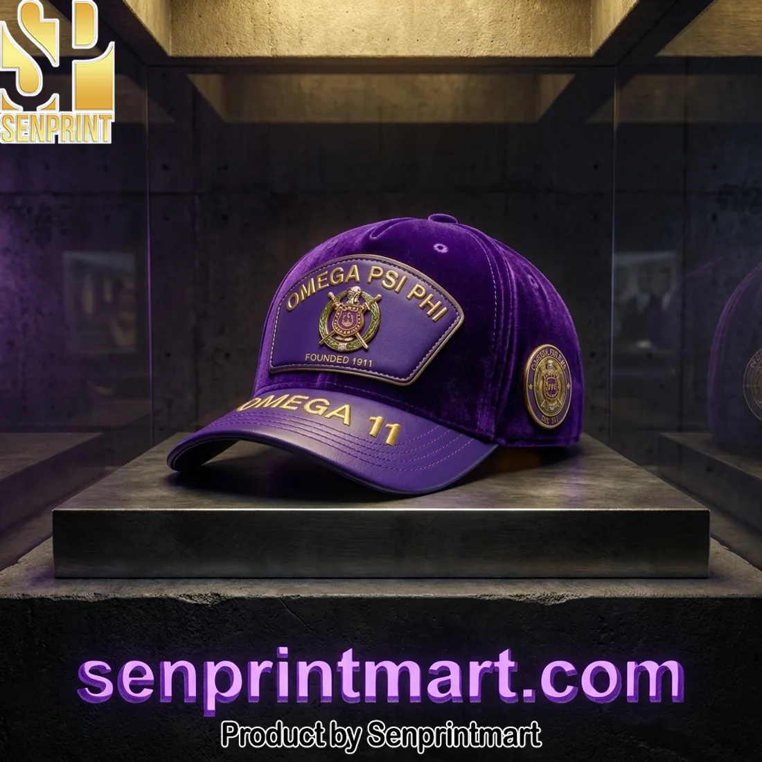 Omega Psi Phi Fraternity Founded 1911 Purple Velvet Luxury Gold Embroidered Baseball Cap