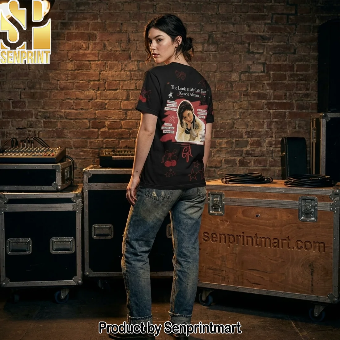 Gracie Abrams The Look at My Life Tour Cherry Stars Double Sided Graphic T-Shirt