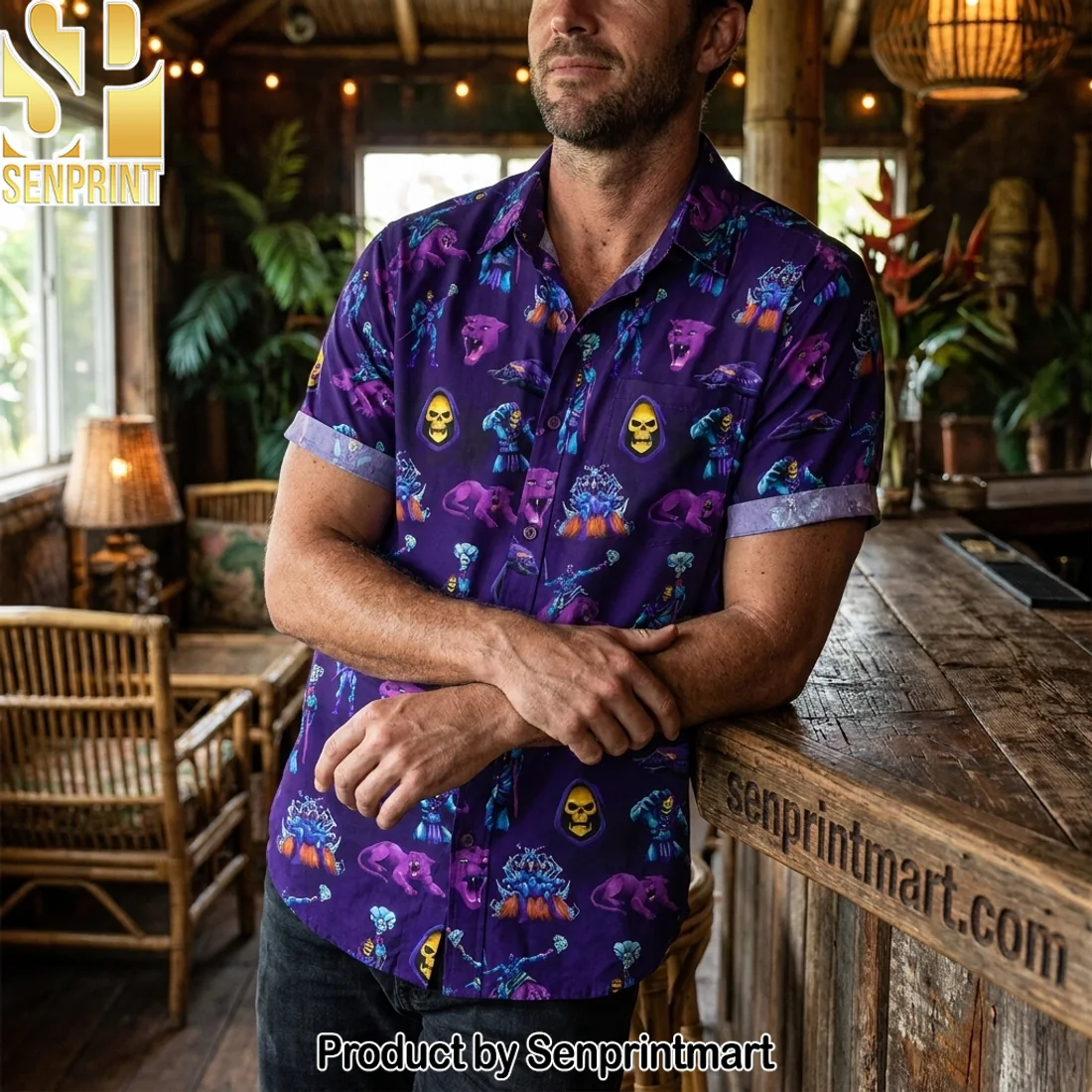 Masters of the Universe Skeletor and Panthor Purrr-fectly Evil Purple Retro Hawaiian Shirt