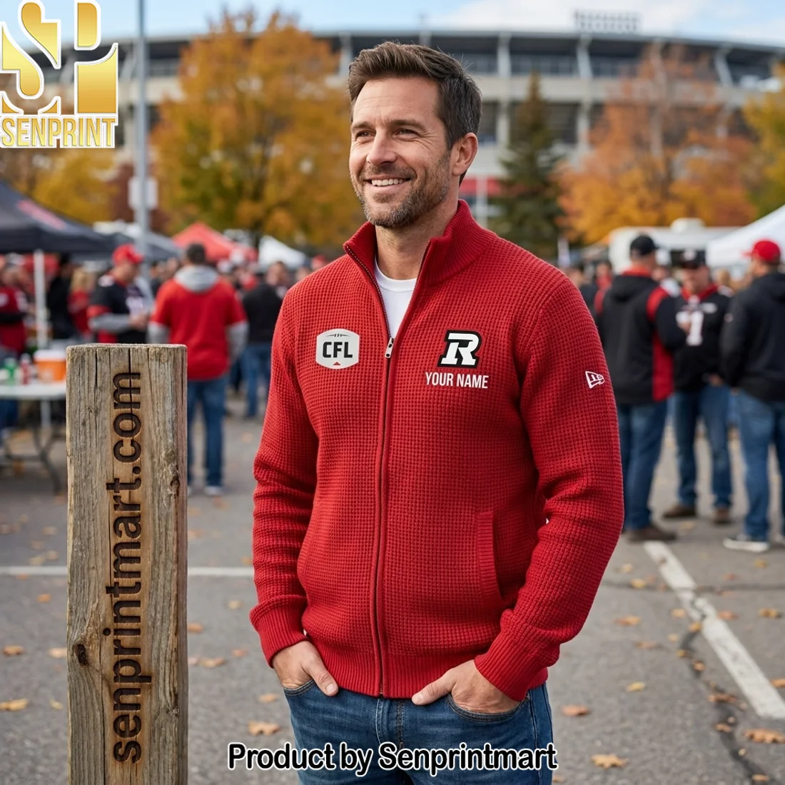 Custom Ottawa Redblacks CFL Personalized Red Waffle Knit Full-Zip Zipper Sweater Custom Ottawa Redblacks CFL Personalized Red Waffle Knit Full-Zip Zipper Sweater
