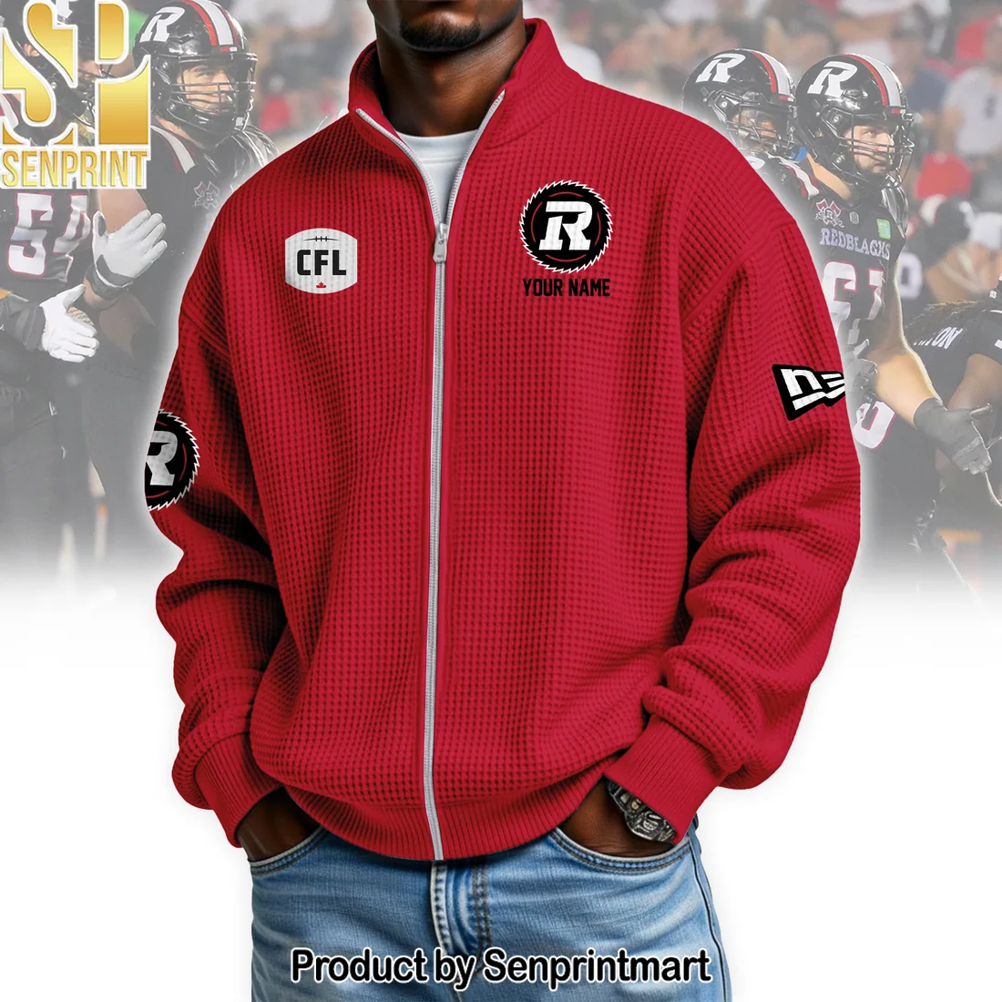 Custom Ottawa Redblacks CFL Personalized Red Waffle Knit Full-Zip Zipper Sweater Custom Ottawa Redblacks CFL Personalized Red Waffle Knit Full-Zip Zipper Sweater
