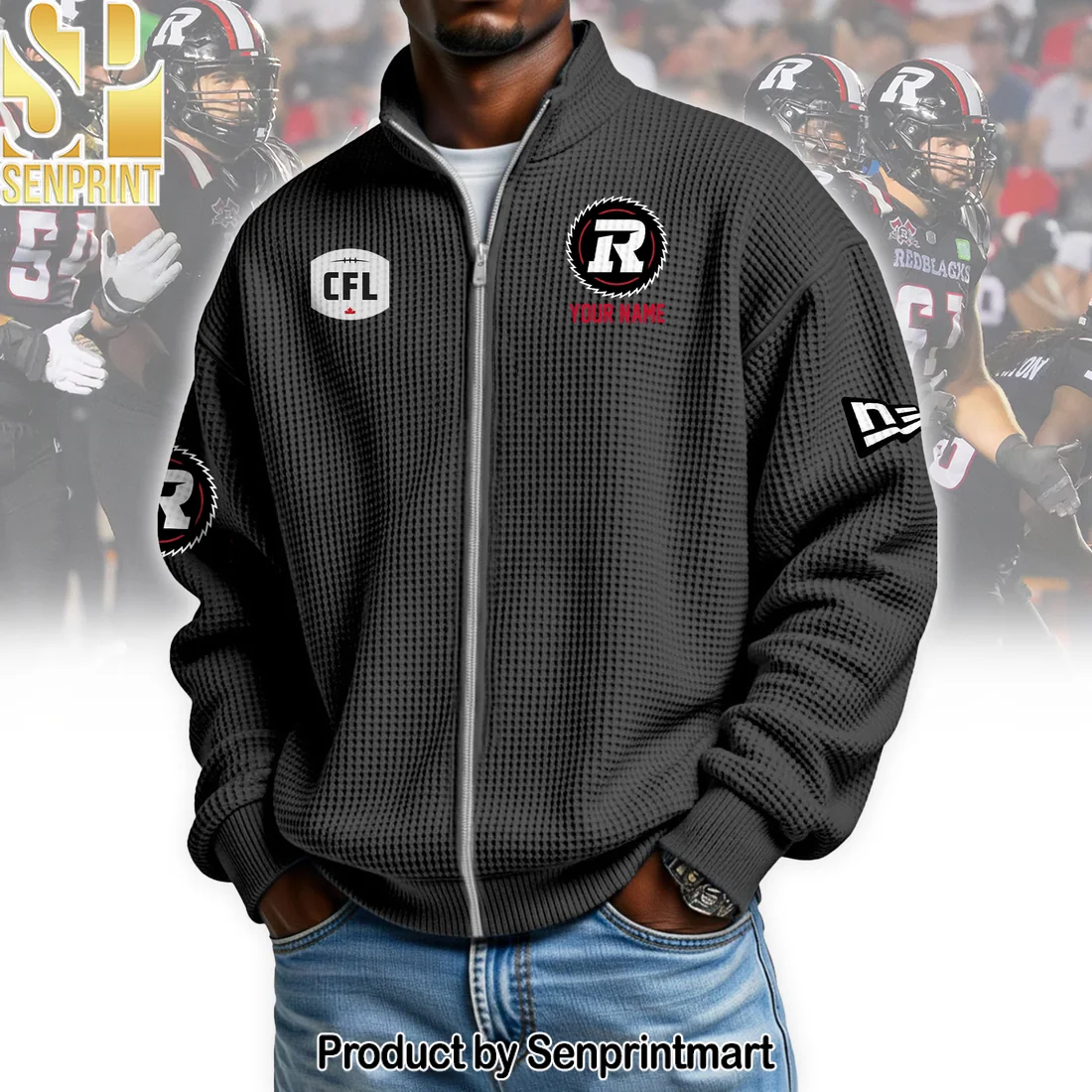 Custom Ottawa Redblacks CFL Personalized Red Waffle Knit Full-Zip Zipper Sweater Custom Ottawa Redblacks CFL Personalized Red Waffle Knit Full-Zip Zipper Sweater