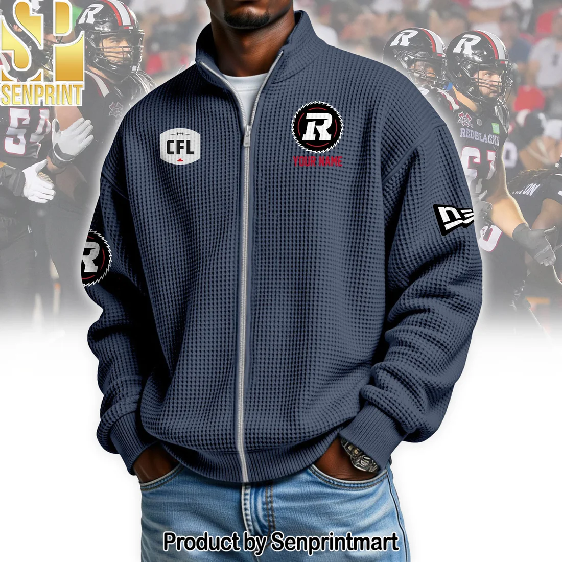 Custom Ottawa Redblacks CFL Personalized Red Waffle Knit Full-Zip Zipper Sweater Custom Ottawa Redblacks CFL Personalized Red Waffle Knit Full-Zip Zipper Sweater