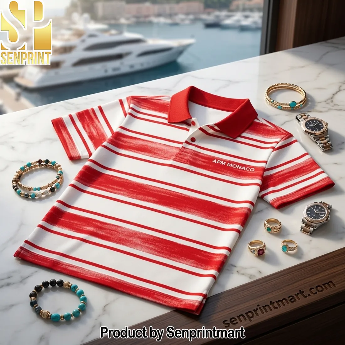 APM Monaco Red White Striped Men’s Polo Shirt