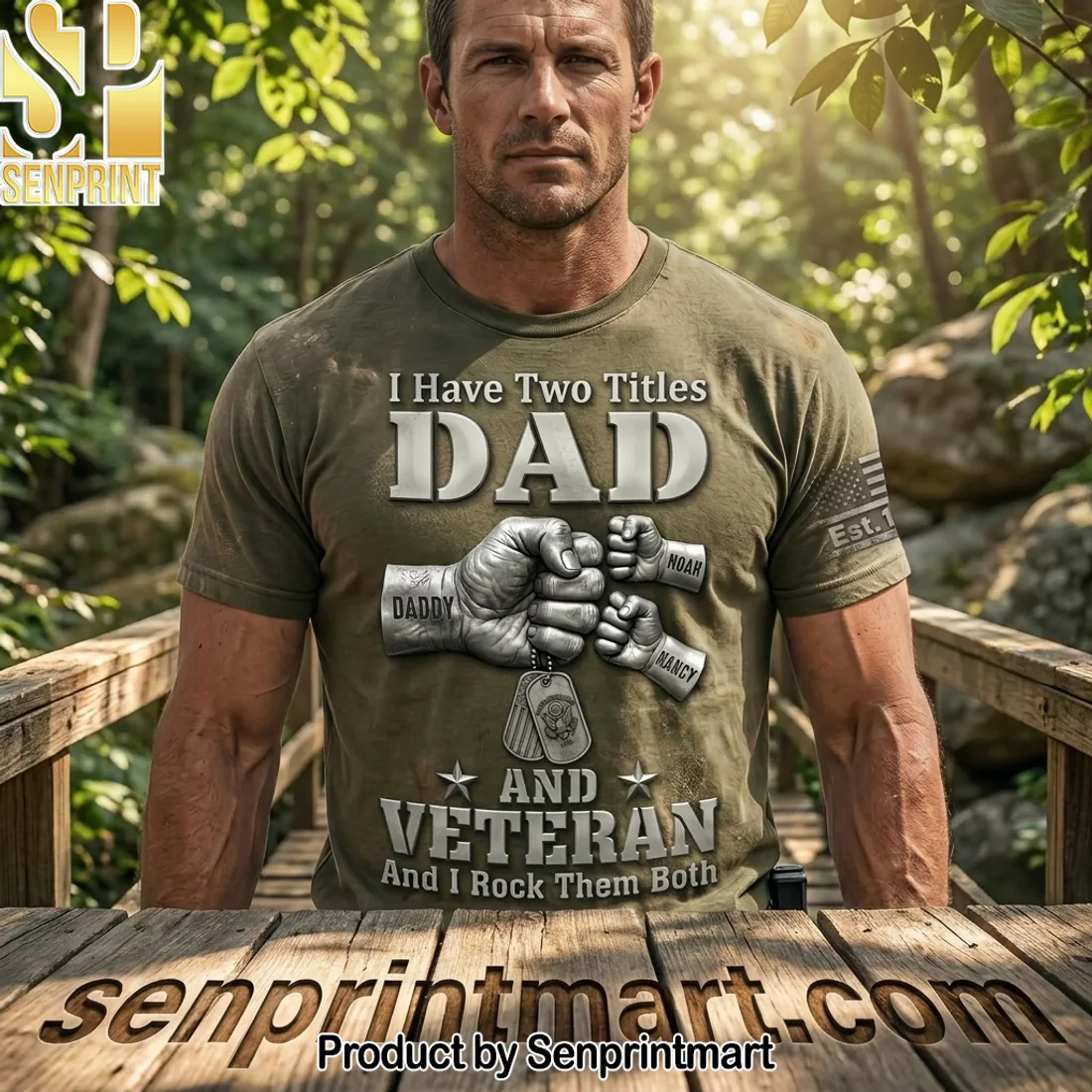 Personalized I Have Two Titles Dad And Veteran Fist Bump Custom Kids Names Patriotic Military T-Shirt