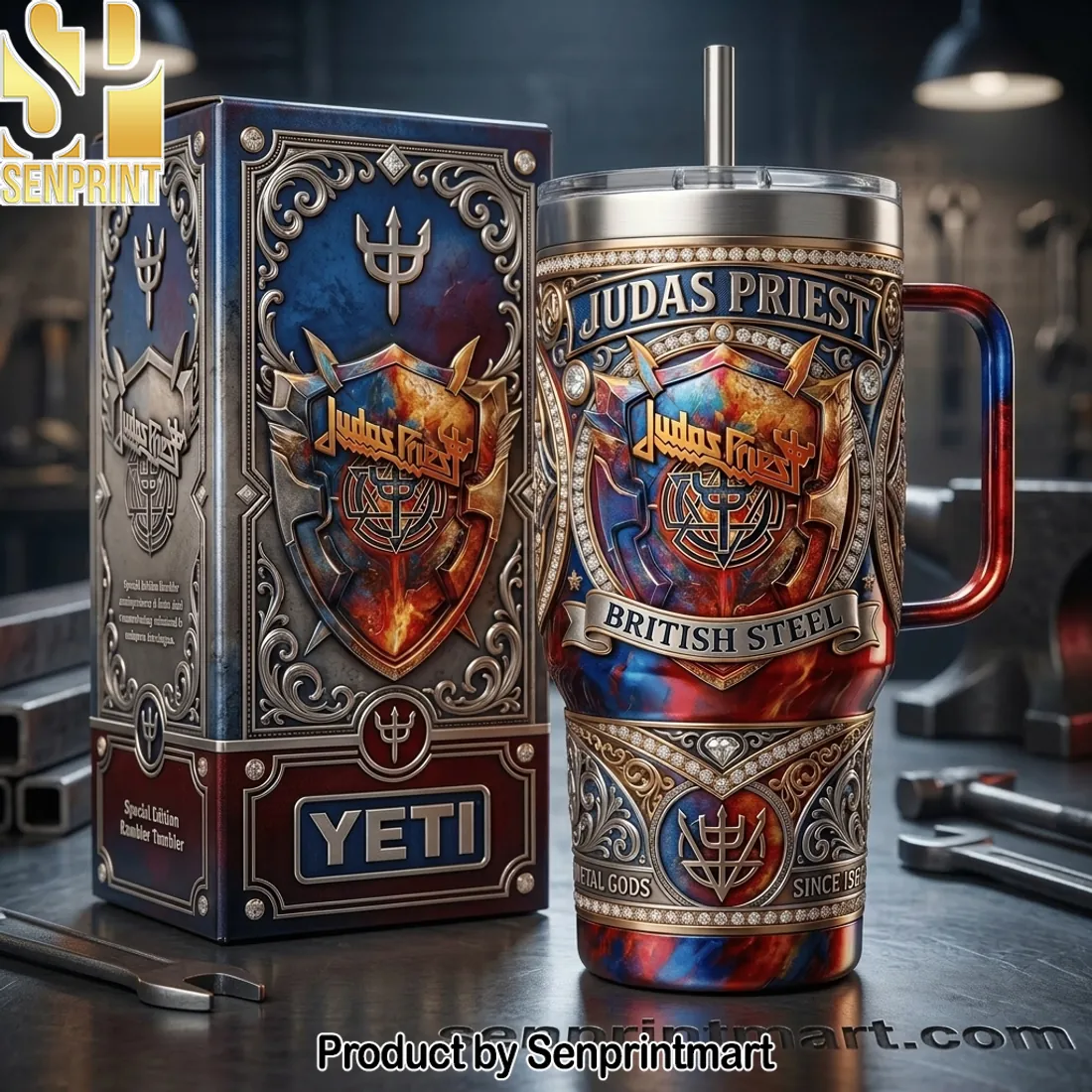 Judas Priest British Steel Premium 3D Embossed Heavy Metal 40oz Tumbler with Lid and Straw